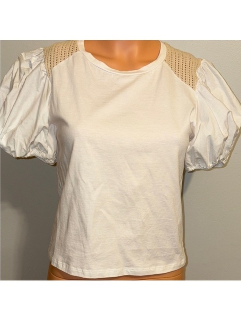 Zara White Puff Sleeve Crochet-Shoulder Tee